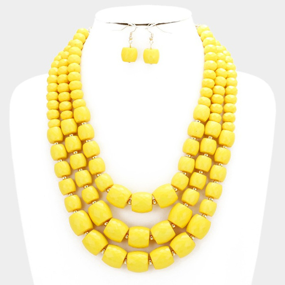 Three Layers Yellow Bead Necklace Earring Set - Picture 1 of 4